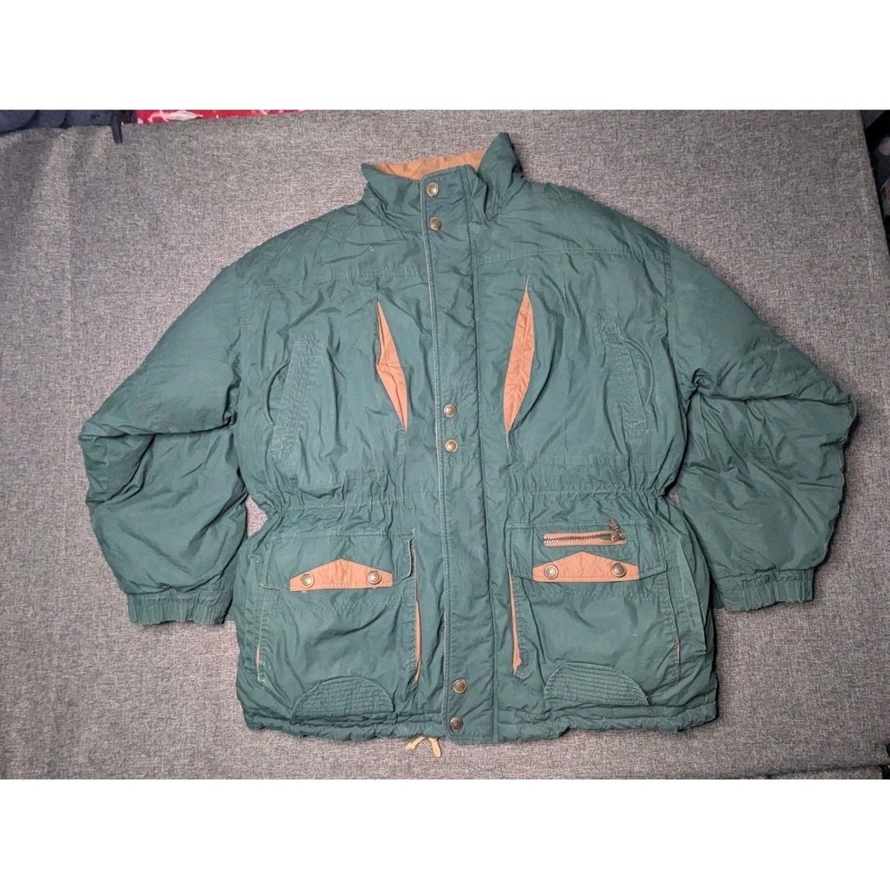 Vintage Stratojac Green Down Full Zip Jacket Insulated Multi Pockets Sz XL Coat